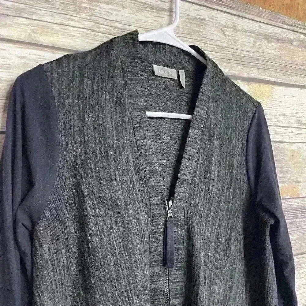 LOGO Lori Goldstein‎ Womens XS Marled Gray Black Knit Sweater Full Zip Pockets